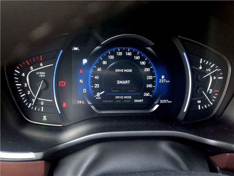 Фото Hyundai Santa Fe - «Нарисованная» панель приборов дает широкие возможности индикации режимов движения. Smart – самый умный, как ясно из названия