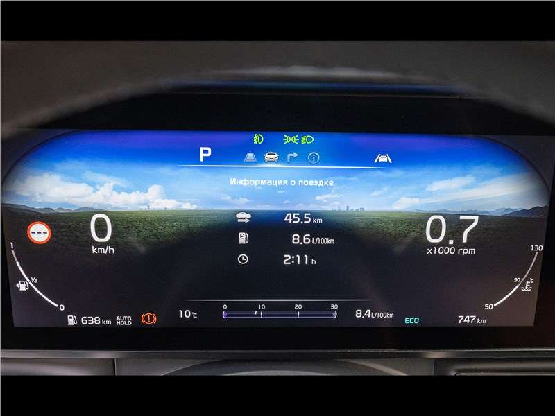 Фото KIA Carnival - Панель приборов – полноценный 12,3-дюймовый дисплей, куда в том числе попадает информация с камер, контролирующих слепые зоны