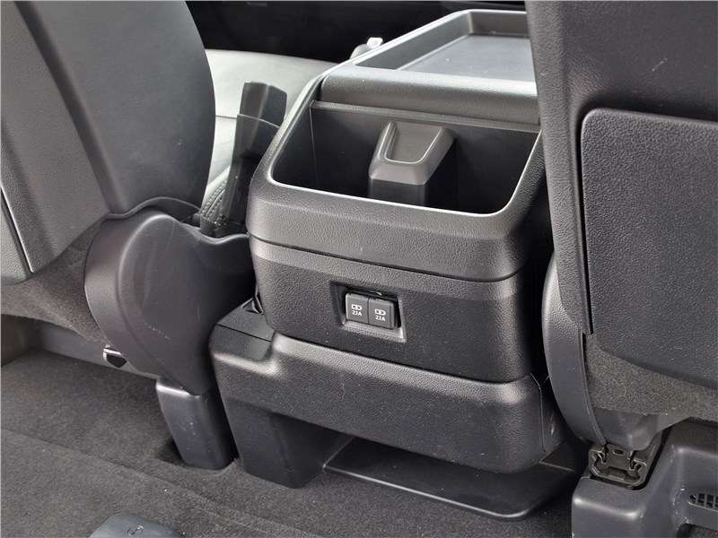 Фото Toyota Hiace - Центральный бокс-подлокотник с тыльной стороны. Здесь не только подстаканники, но и два зарядных гнезда USB