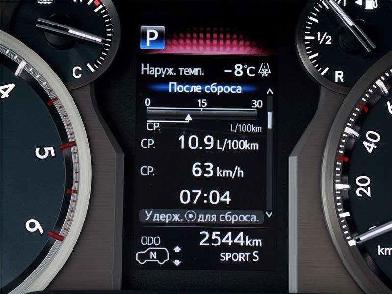 Фото Toyota Land Cruiser Prado - При активации режимов Sport и Sport+ экран БК вверху «краснеет». Однако тяжелый автомобиль с дизелем не становится существенно более динамичным